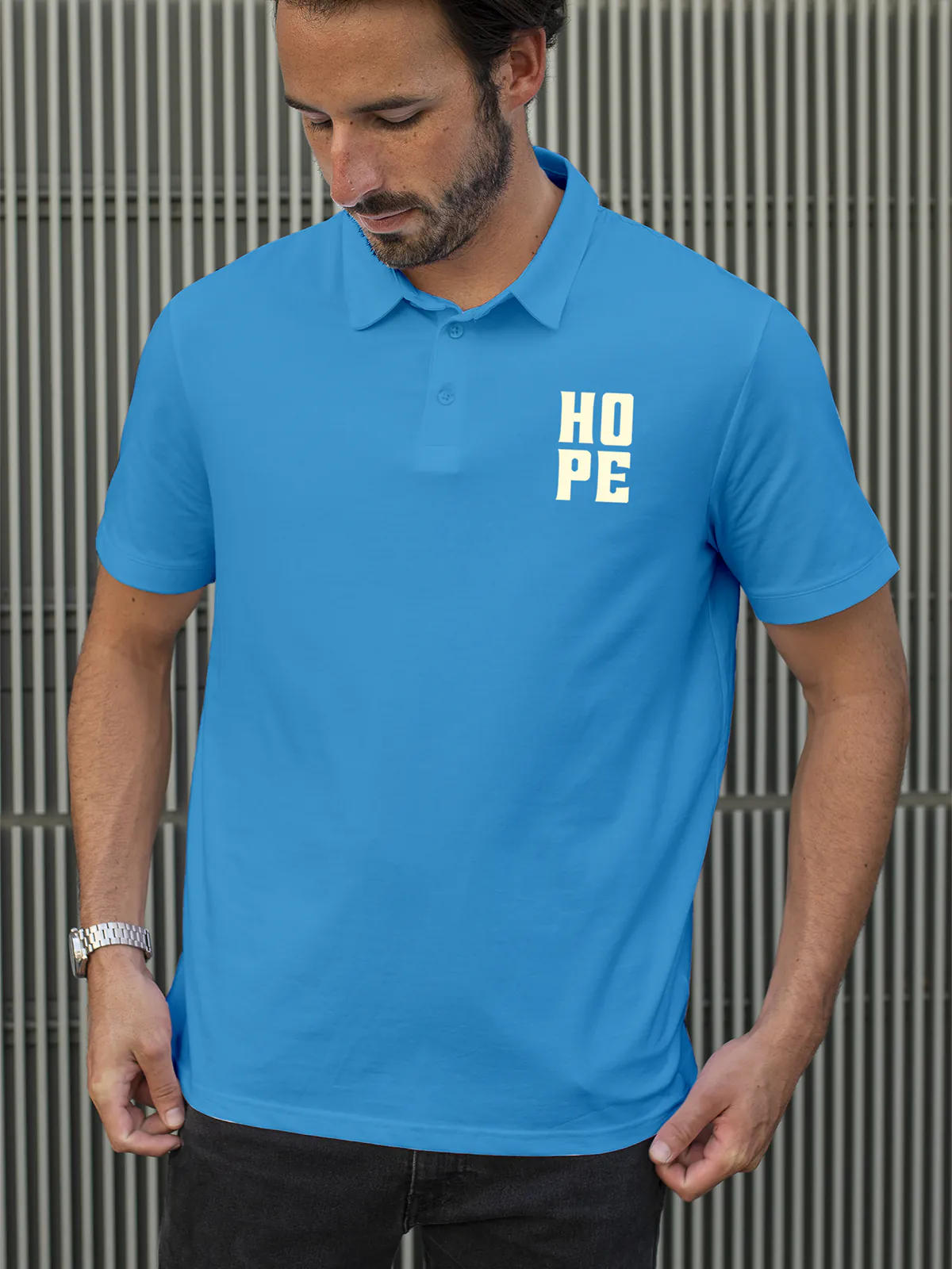 Model wearing Men's Blue Polo T-shirt with 'Hope' design, offering effortless style and premium comfort