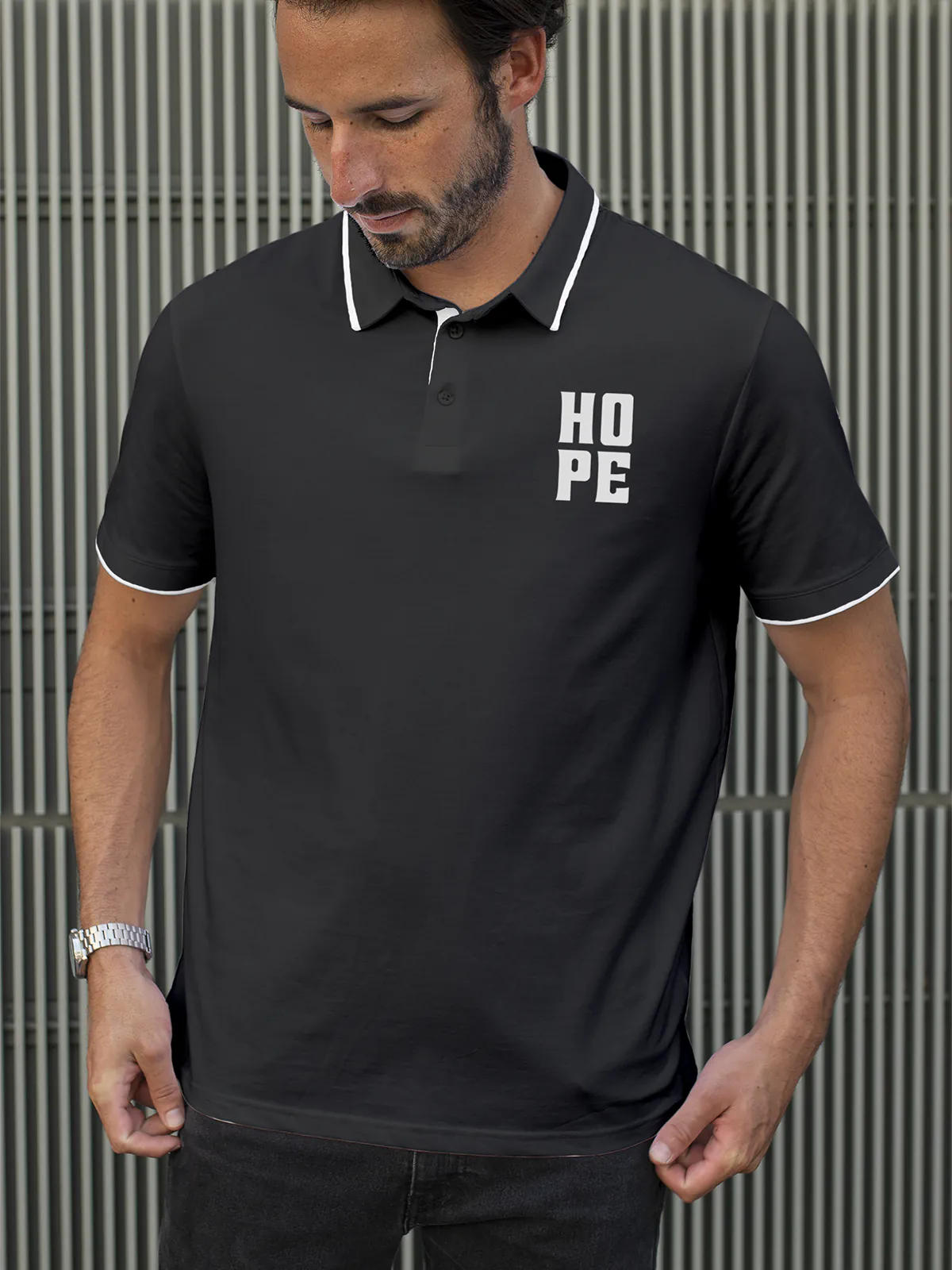 Model wearing Men's Dark Grey Polo T-shirt with 'Hope' design, offering effortless style and premium comfort