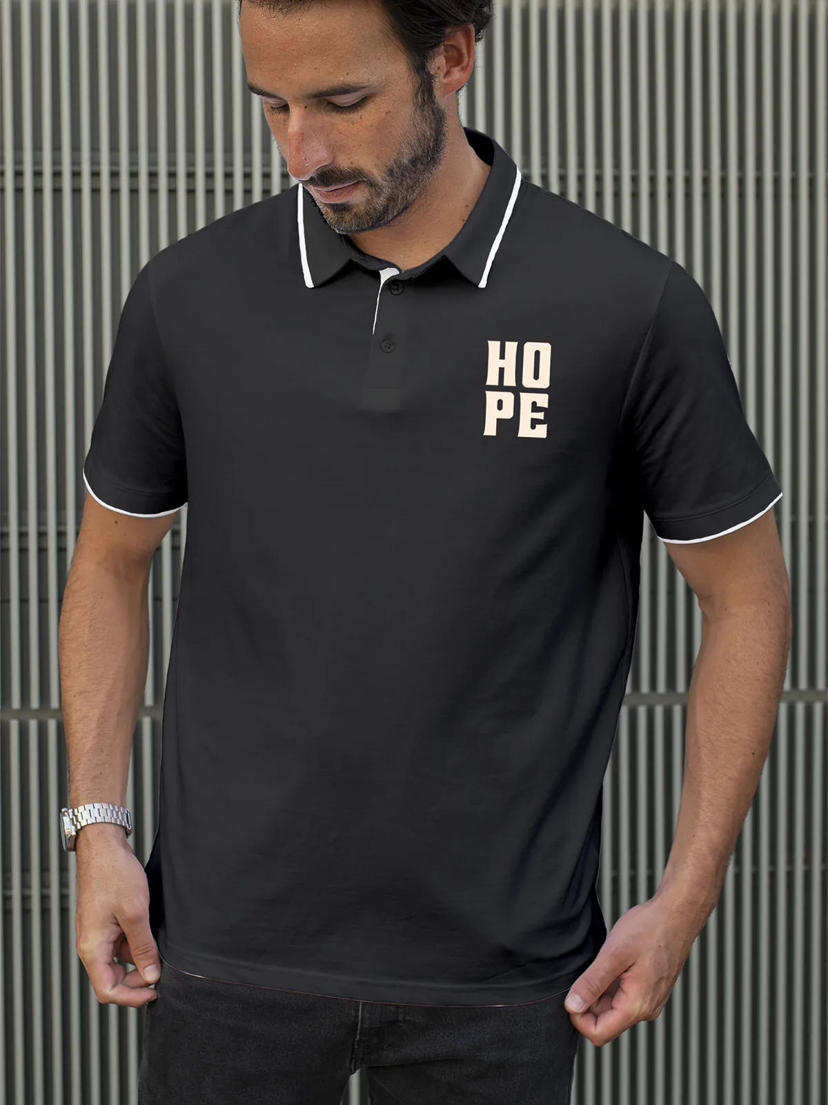 Model wearing Men's Dark Grey Polo T-shirt with 'Hope' design, offering effortless style and premium comfort
