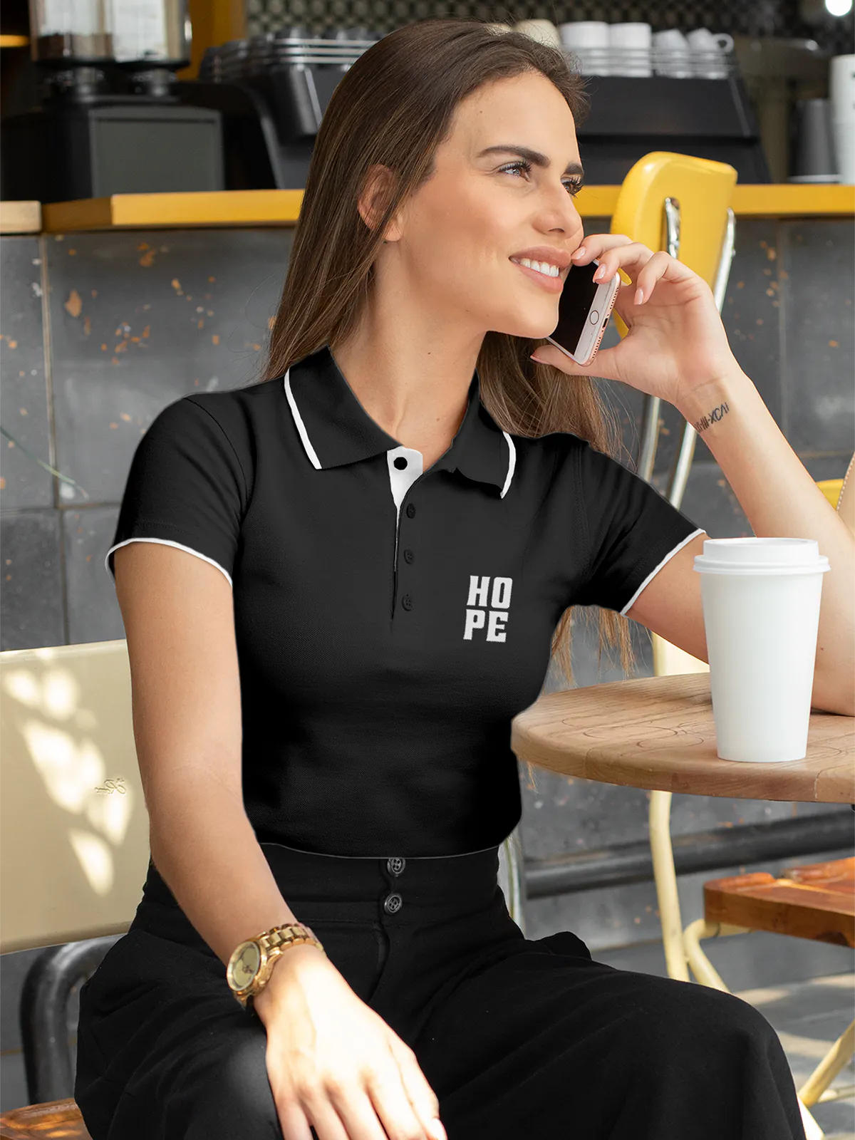 Model wearing Women's Dark Grey Polo T-shirt with 'Hope' design, offering effortless style and premium comfort