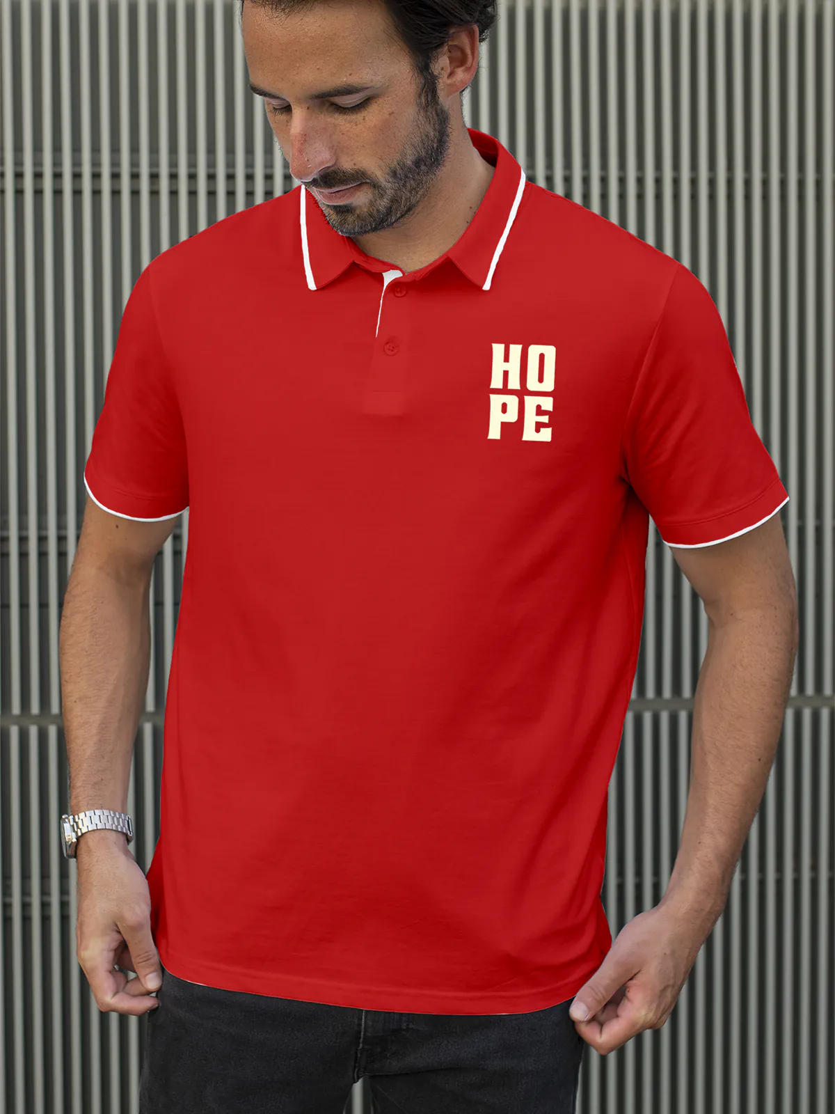 Model wearing Men's Red Polo T-shirt with 'Hope' design, offering effortless style and premium comfort