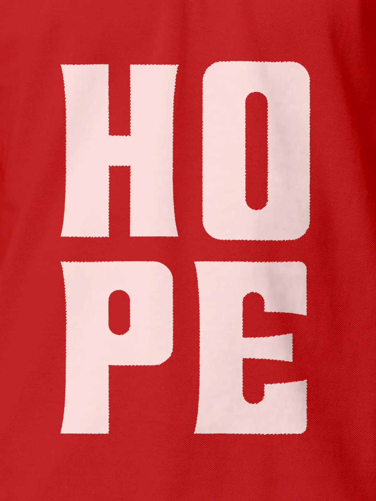 Close up of 'Hope' design on Women's Red Polo T-shirt, highlighting intricate details and vibrant print.
