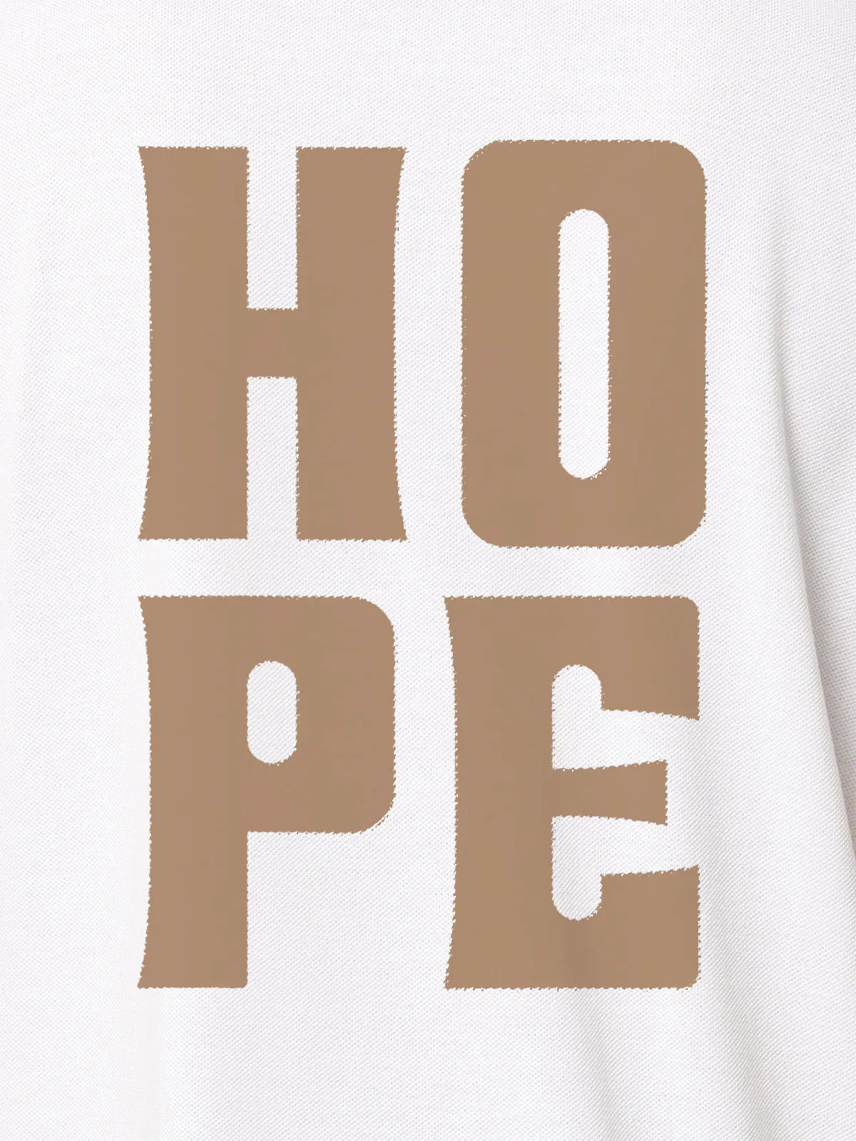Close up of 'Hope' design on Men's White Polo T-shirt, highlighting intricate details and vibrant print.