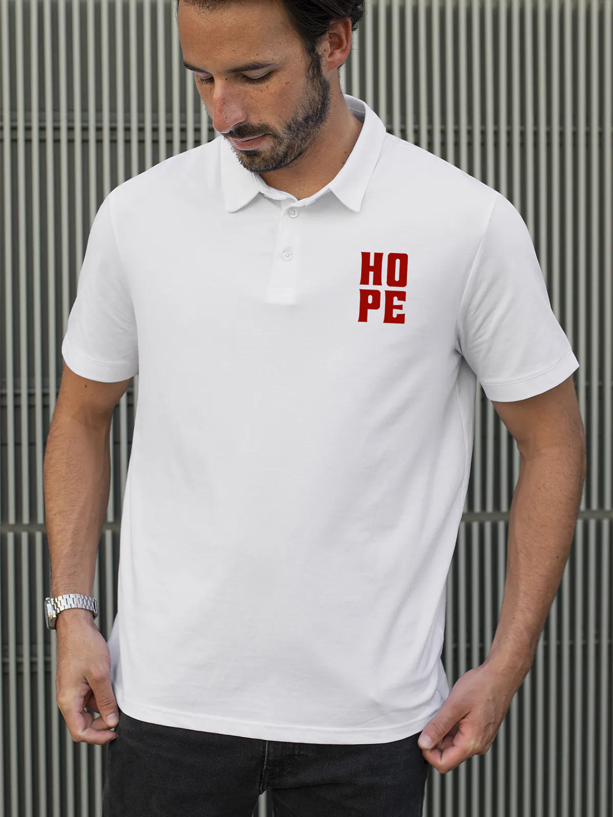 Model wearing Men's White Polo T-shirt with 'Hope' design, offering effortless style and premium comfort