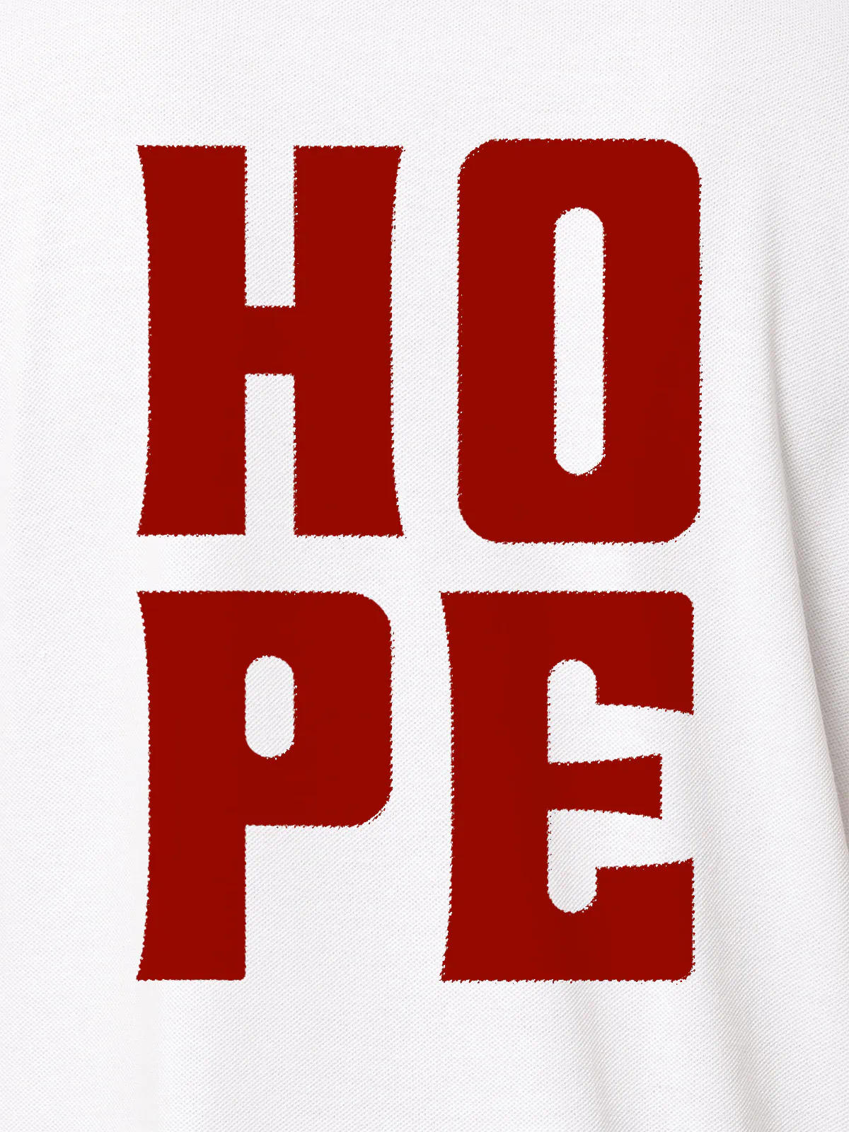 Close up of 'Hope' design on Men's White Polo T-shirt, highlighting intricate details and vibrant print.