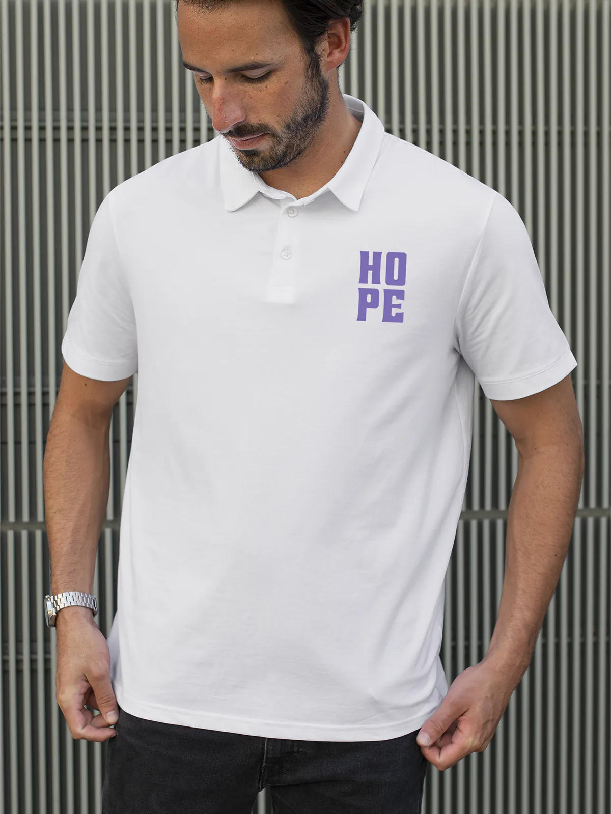 Model wearing Men's White Polo T-shirt with 'Hope' design, offering effortless style and premium comfort