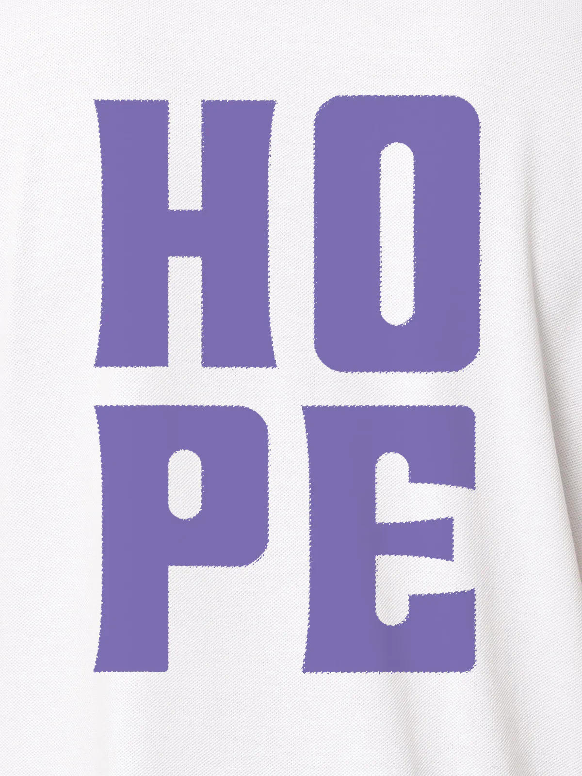 Close up of 'Hope' design on Men's White Polo T-shirt, highlighting intricate details and vibrant print.