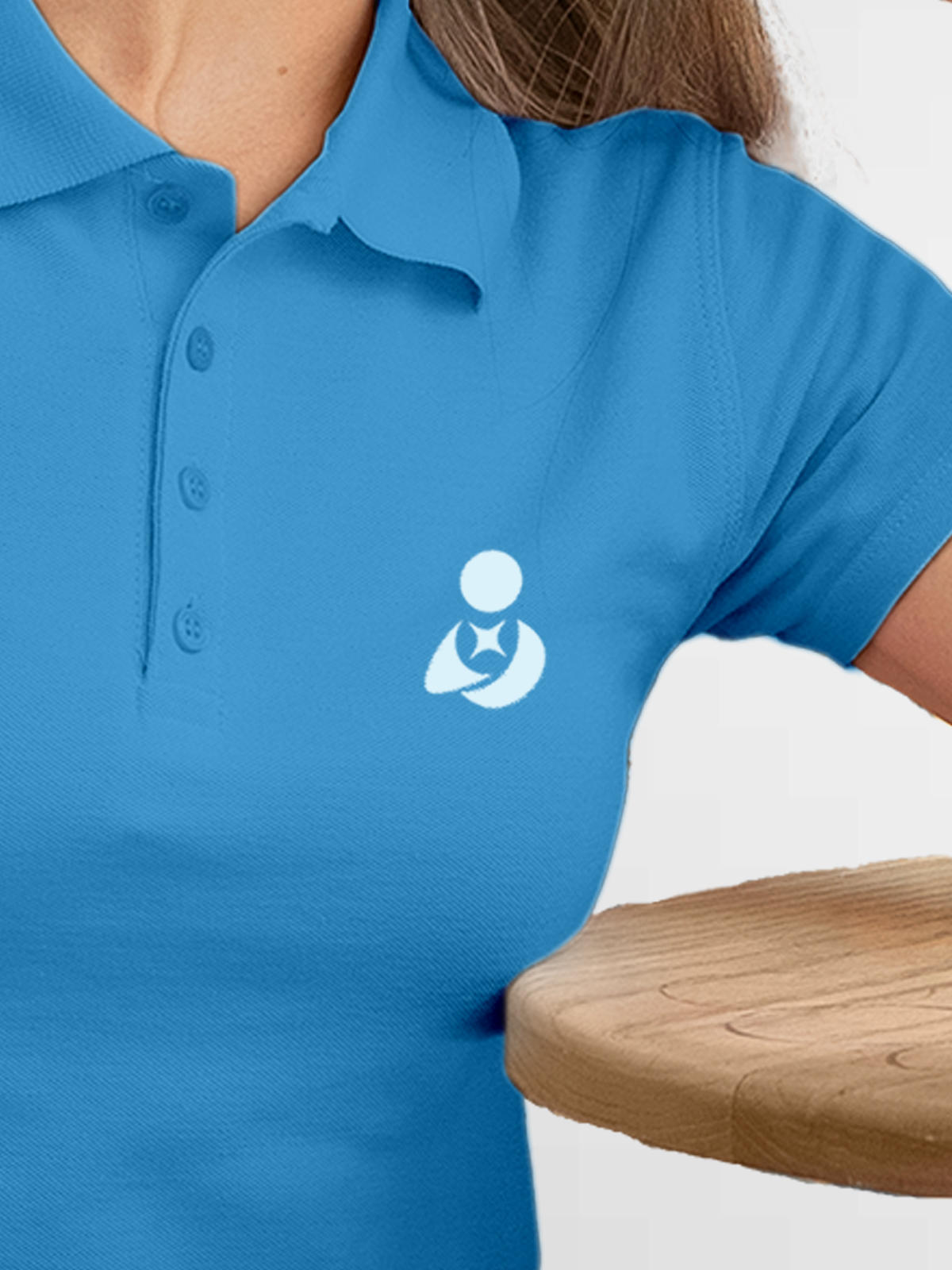Back view of Fighterhero Women's Blue Polo T-shirt, highlighting the modern look and clean finish