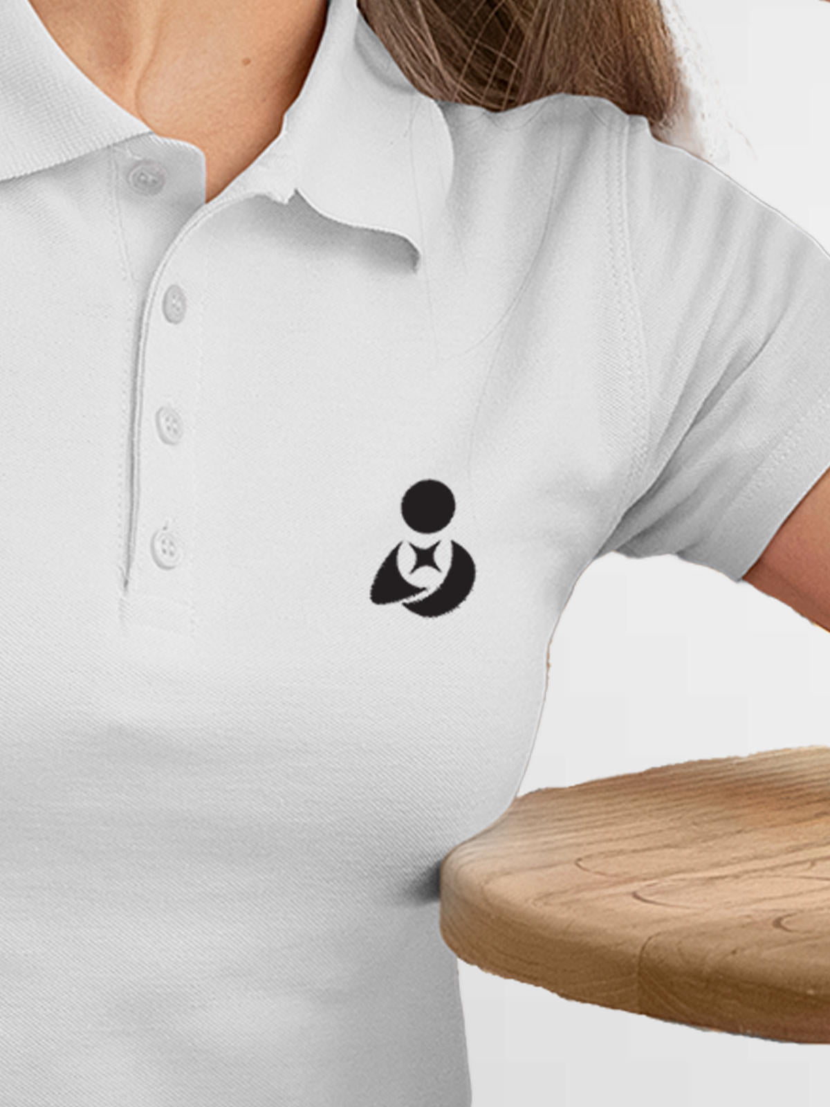 Back view of Fighterhero Women's White Polo T-shirt, highlighting the modern look and clean finish