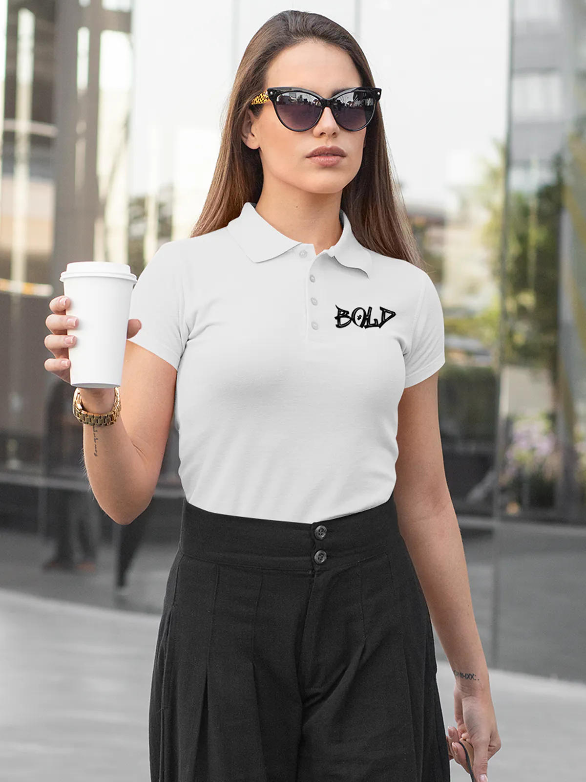 Model wearing Women's White Polo T-shirt with Bold, offering effortless style and premium comfort