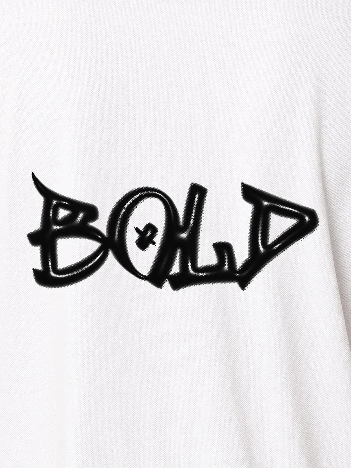 Close up of 'Bold' on Women's White Polo T-shirt, highlighting intricate details and vibrant print.
