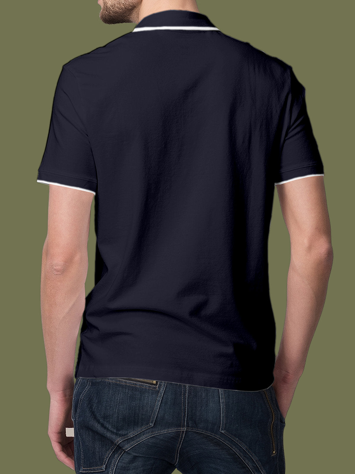 Back view of Fighterhero Men's Navy Blue Polo T-shirt, highlighting the modern look and clean finish