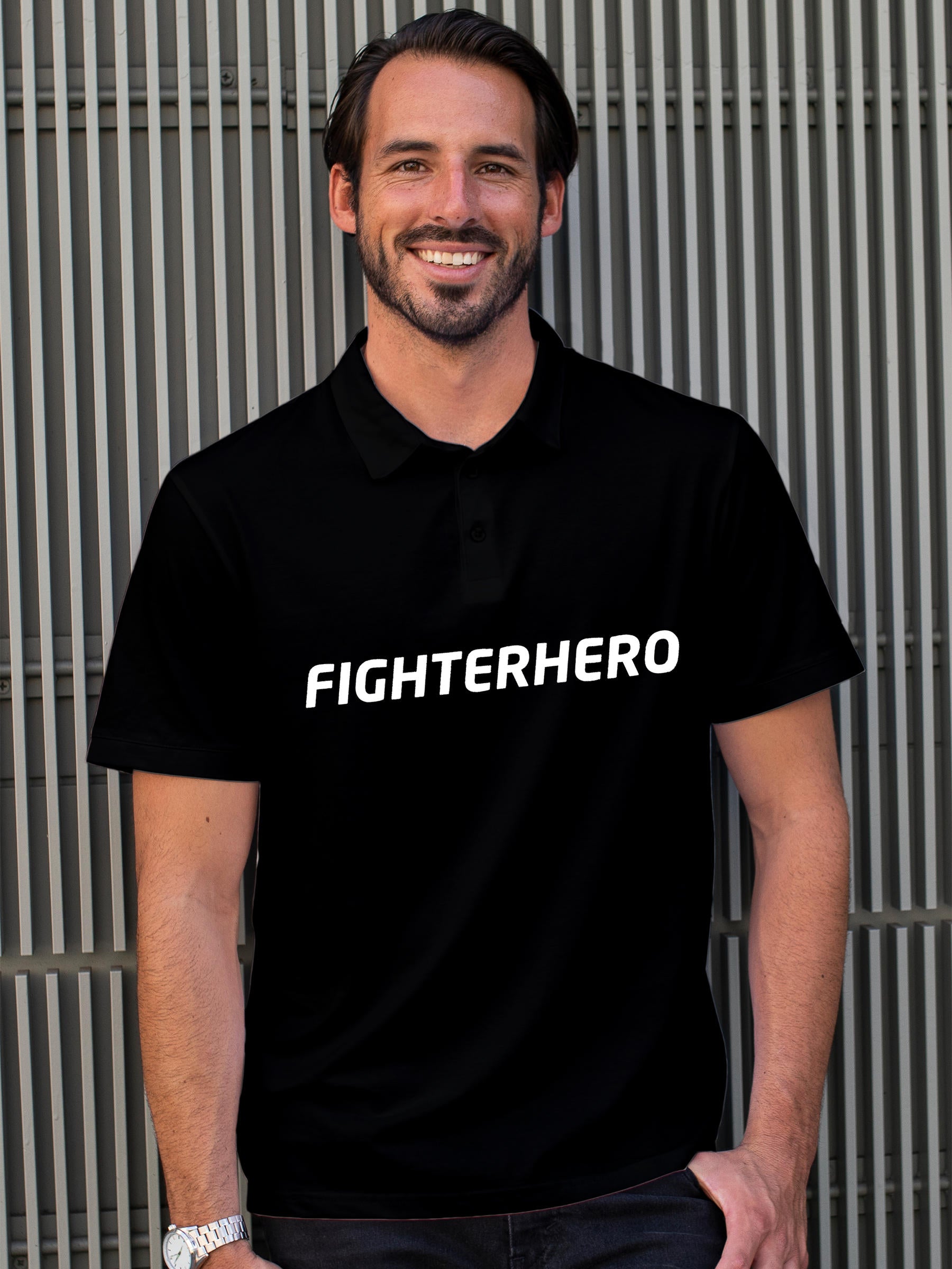 Model wearing Men's Black Polo T-shirt with 'Fighterhero' design, offering effortless style and premium comfort