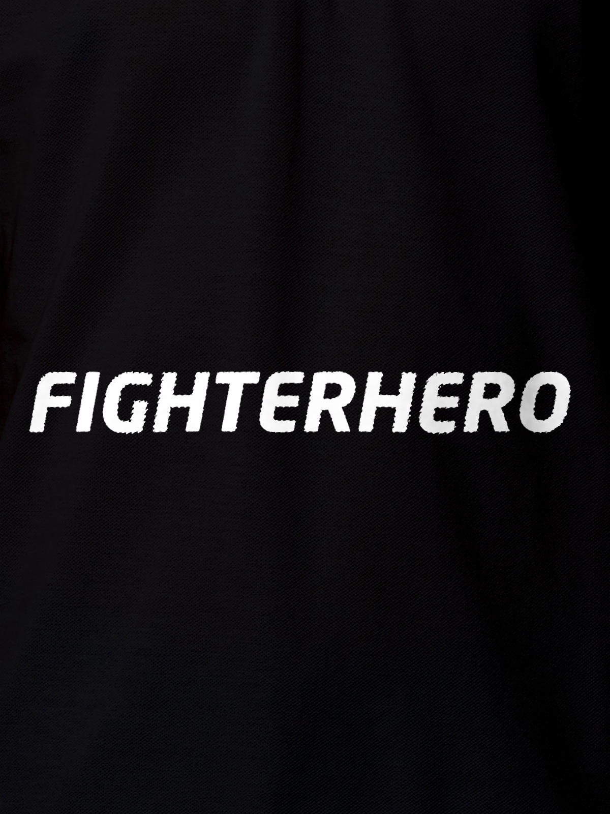 Close up of 'Fighterhero' design on Women's Black Polo T-shirt, highlighting intricate details and vibrant print.