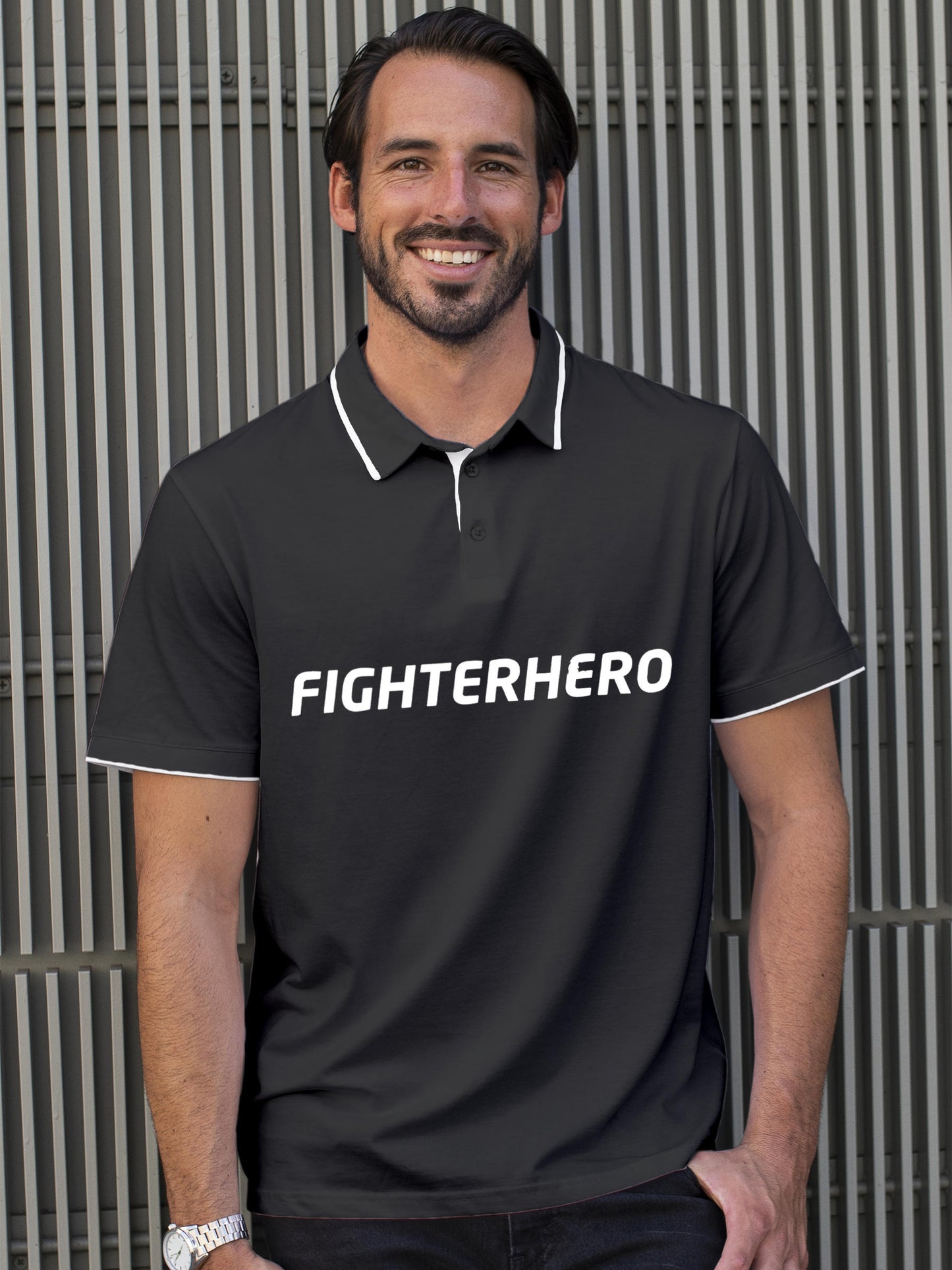 Model wearing Men's Dark Grey Polo T-shirt with 'Fighterhero' design, offering effortless style and premium comfort