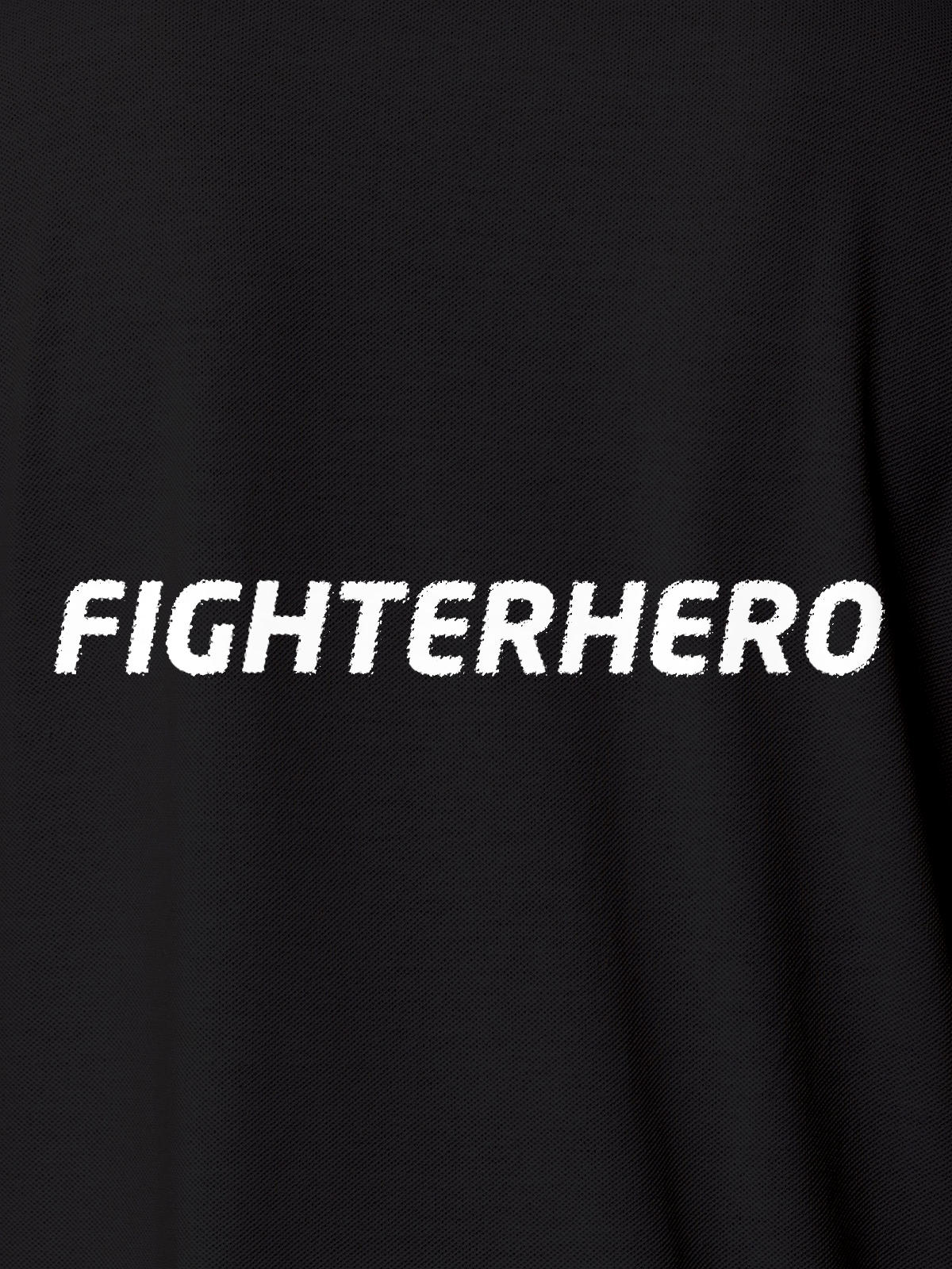 Close up of 'Fighterhero' design on Men's Dark Grey Polo T-shirt, highlighting intricate details and vibrant print.