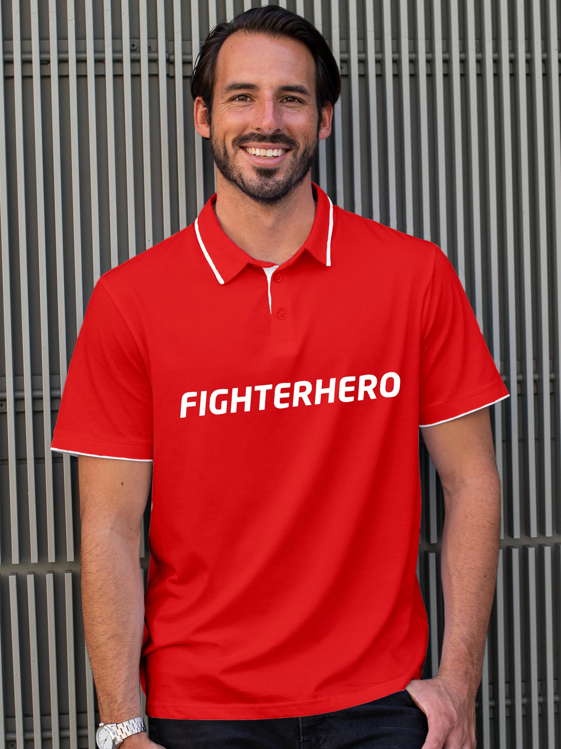 Model wearing Men's Red Polo T-shirt with 'Fighterhero' design, offering effortless style and premium comfort