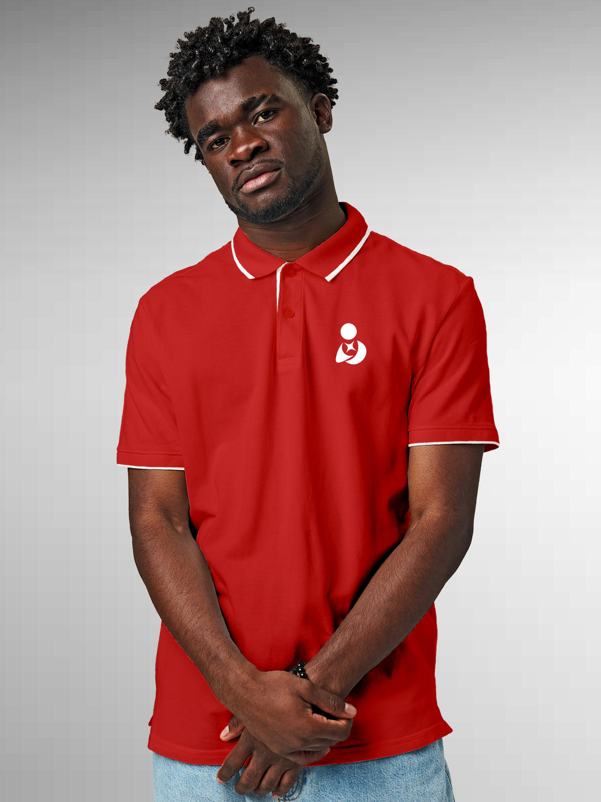 Model wearing Men's Red Polo T-shirt with Fighterhero Logo, offering effortless style and premium comfort