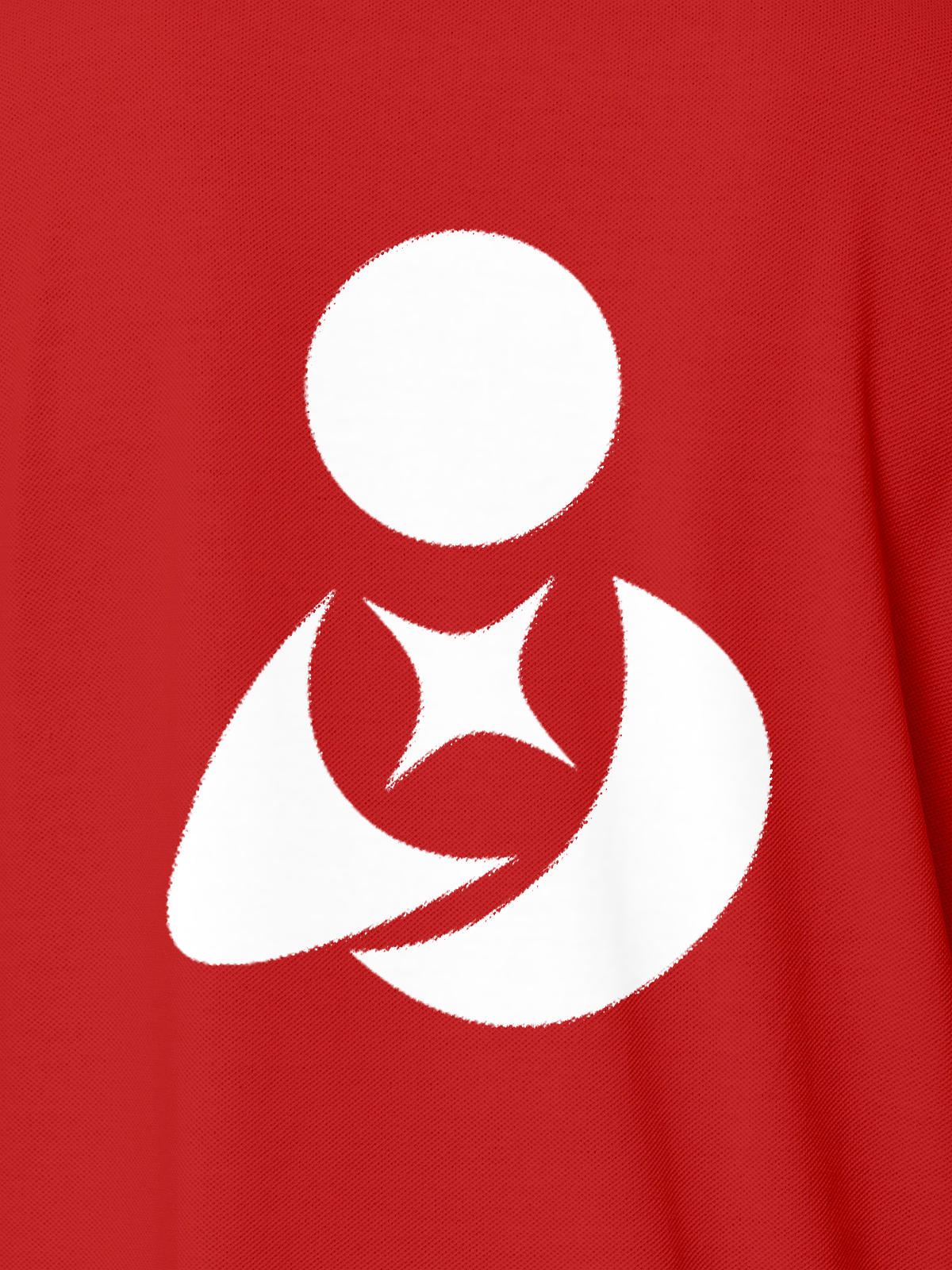 Close up of 'Fighterhero Logo' on Women's Red Polo T-shirt, highlighting intricate details and vibrant print.