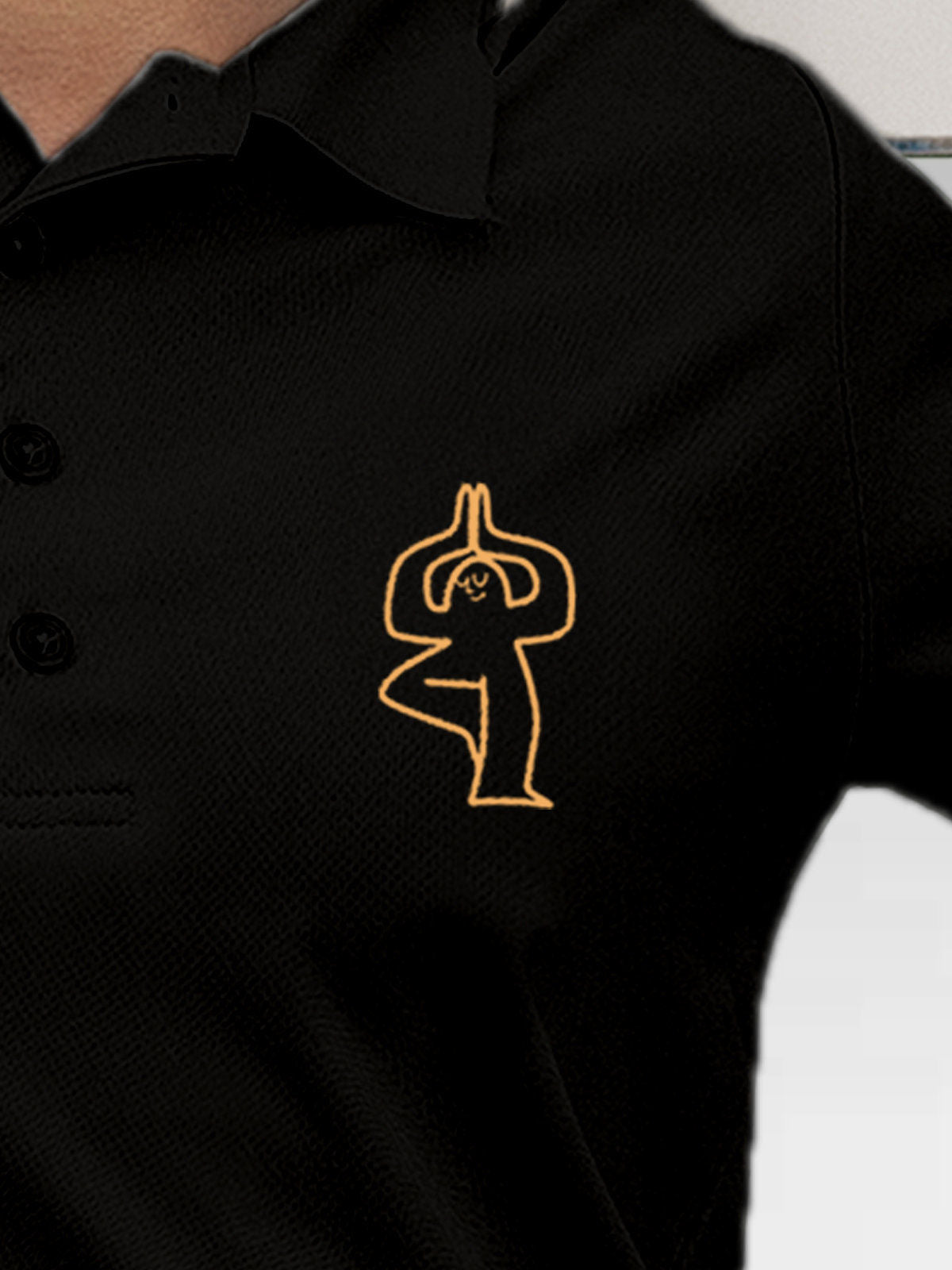 Close up of 'Balance Is A Decision' design on Women's Black Collar T-shirt, highlighting intricate details and vibrant print.