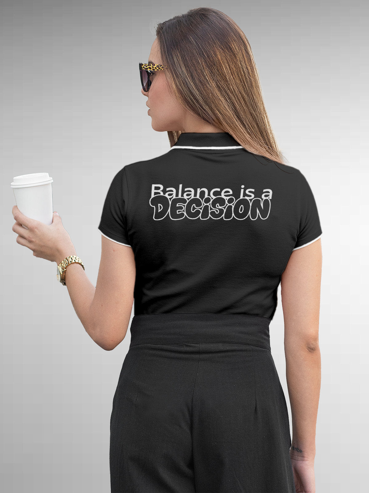 Model wearing Women's Dark Grey Collar T-shirt with the text 'Balance is a decision' printed at the back.