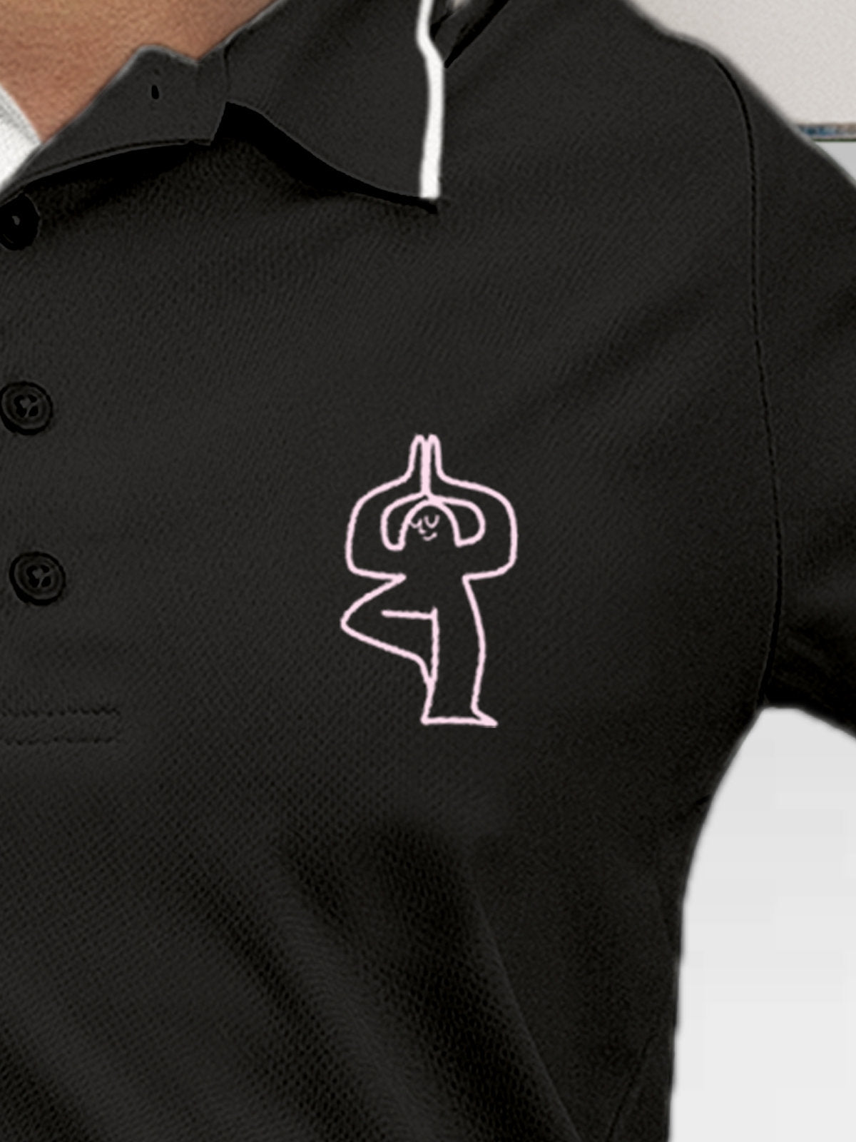 Close up of 'Balance Is A Decision' design on Women's Dark Grey Collar T-shirt, highlighting intricate details and vibrant print.