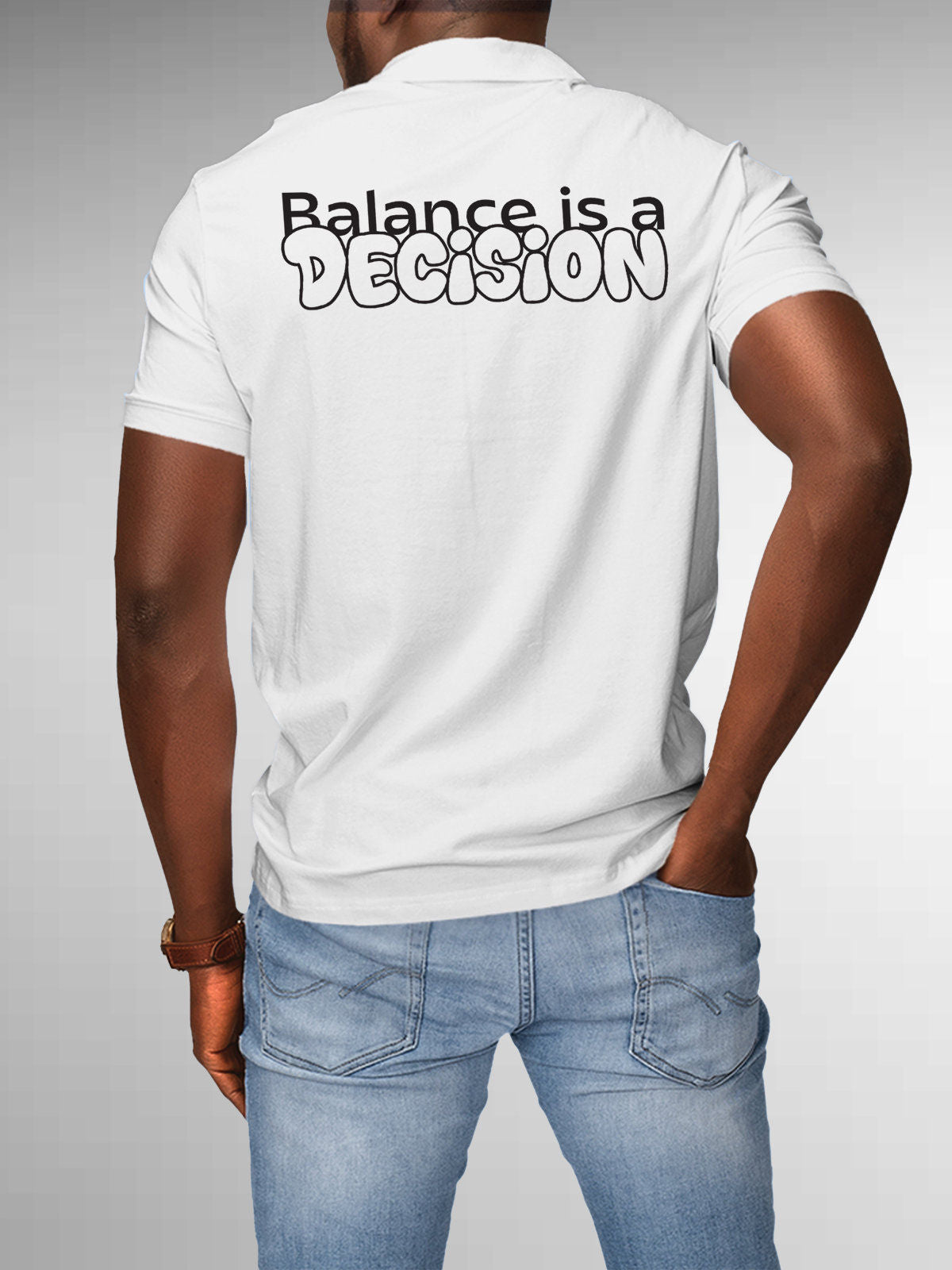 Model wearing Men's White Collar T-shirt with the text 'Balance is a decision' printed at the back.