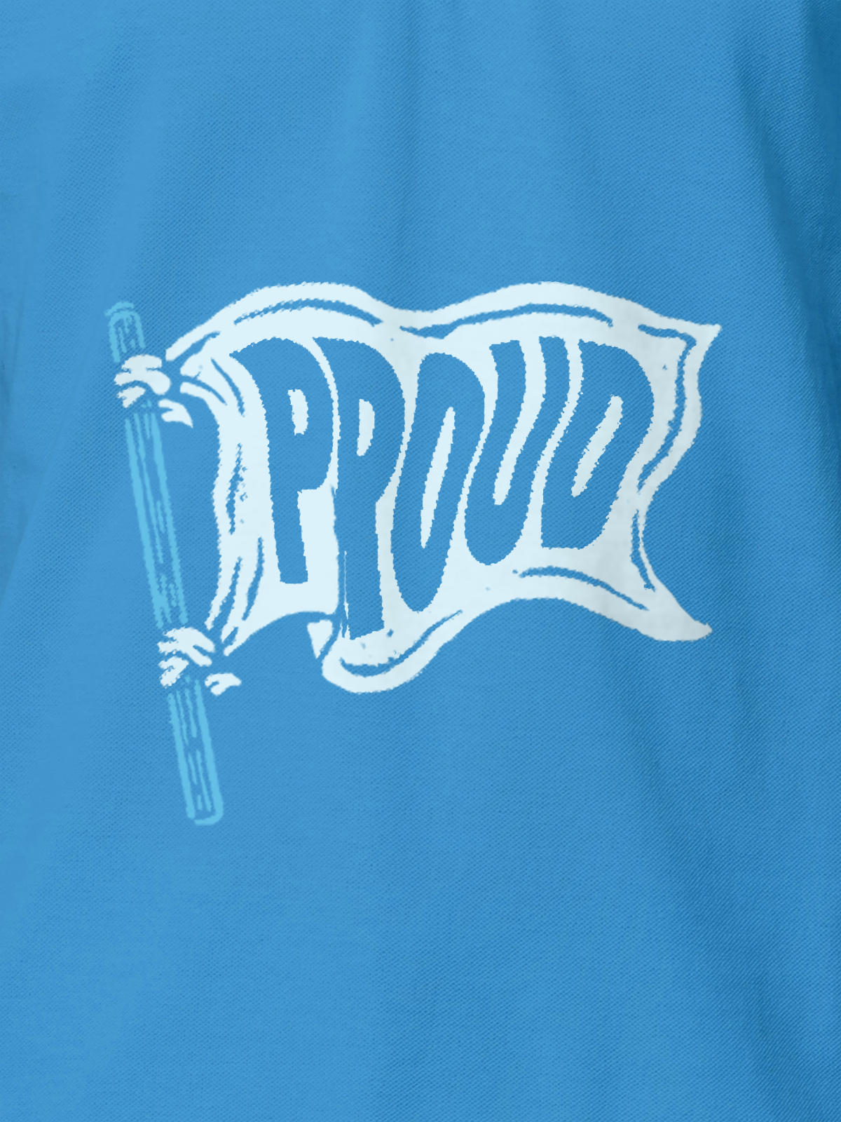 Close up of 'Proud' design on Women's Blue Polo T-shirt, highlighting intricate details and vibrant print.