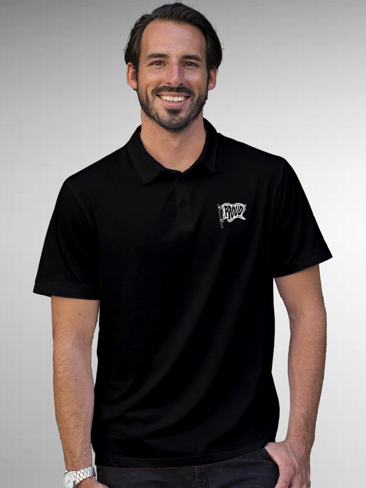 Model wearing Men's Black Polo T-shirt with 'Proud' design, offering effortless style and premium comfort