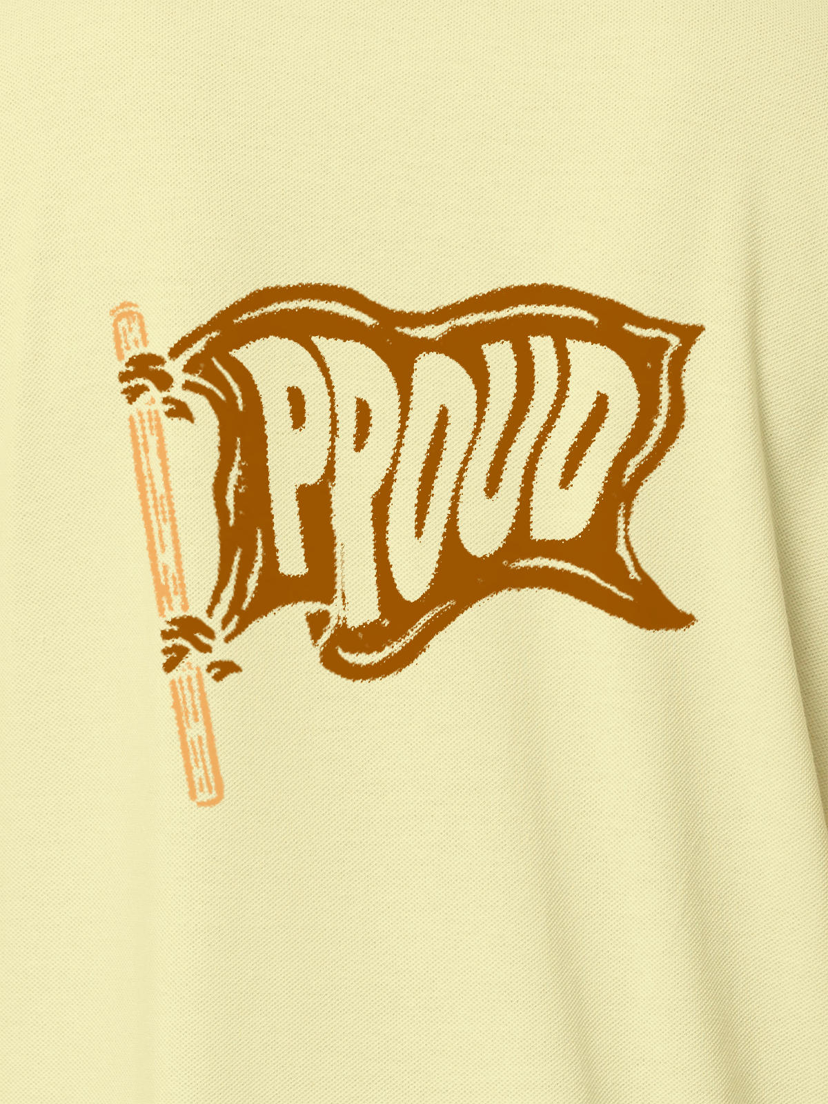 Close up of 'Proud' design on Men's Yellow Polo T-shirt, highlighting intricate details and vibrant print.