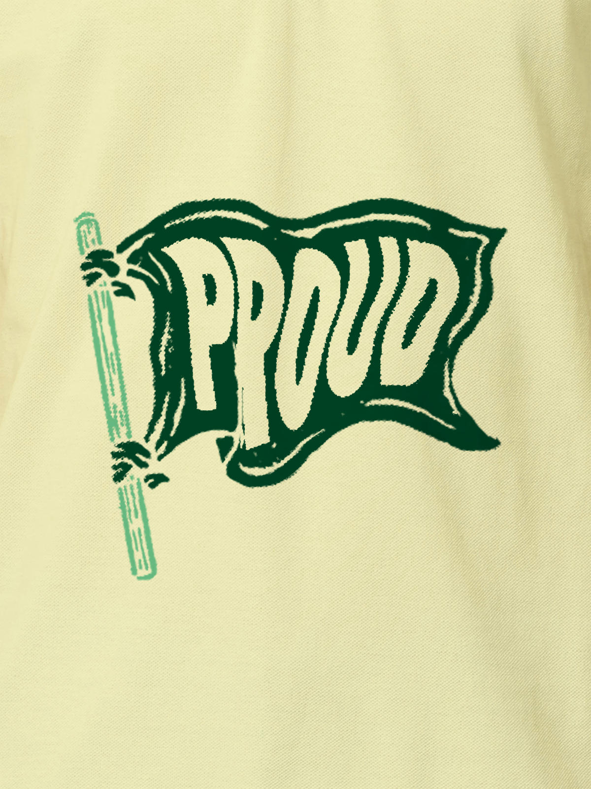 Close up of 'Proud' design on Women's Yellow Polo T-shirt, highlighting intricate details and vibrant print.