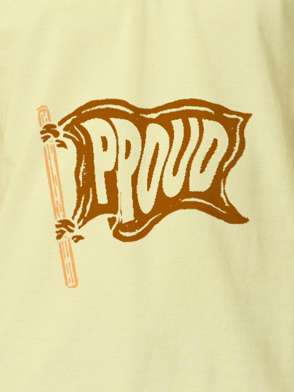 Close up of 'Proud' design on Women's Yellow Polo T-shirt, highlighting intricate details and vibrant print.