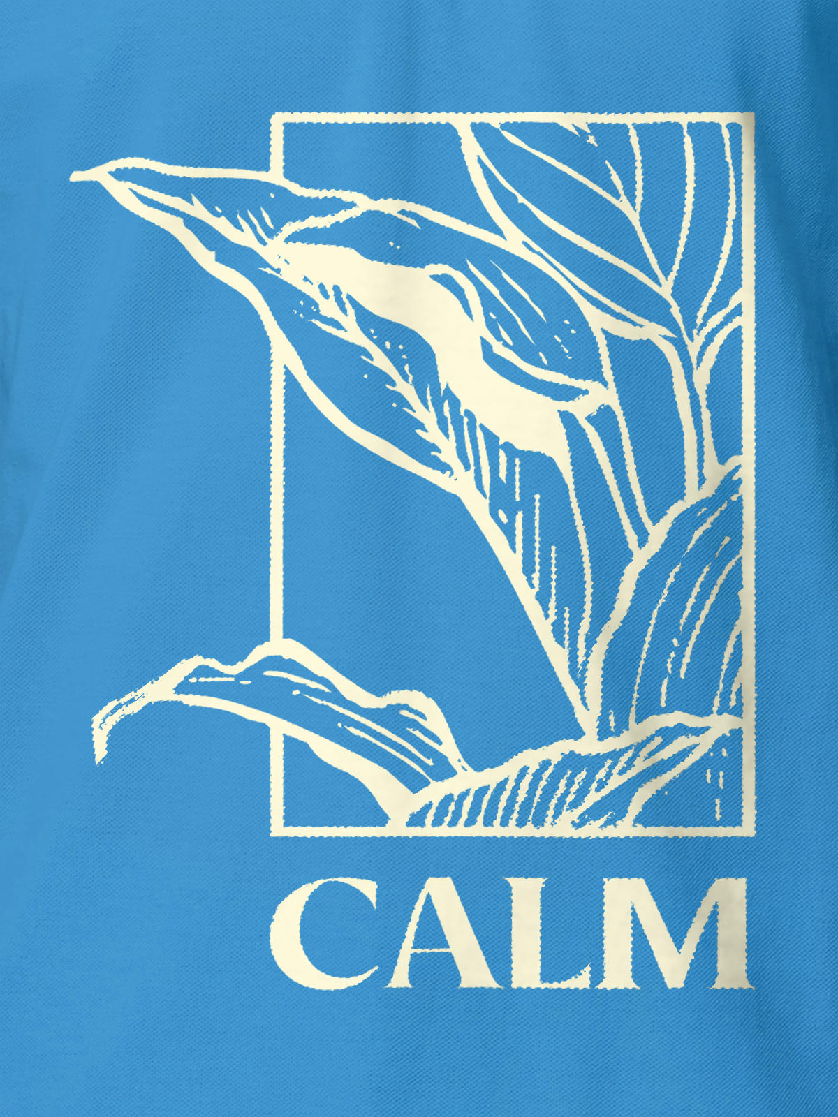 Close up of 'Calm' design on Men's Blue Polo T-shirt, highlighting intricate details and vibrant print.