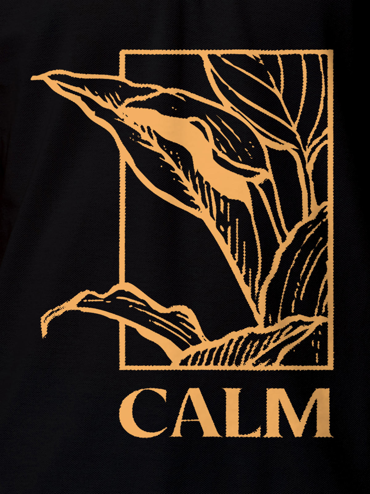 Close up of 'Calm' design on Men's Black Polo T-shirt, highlighting intricate details and vibrant print.