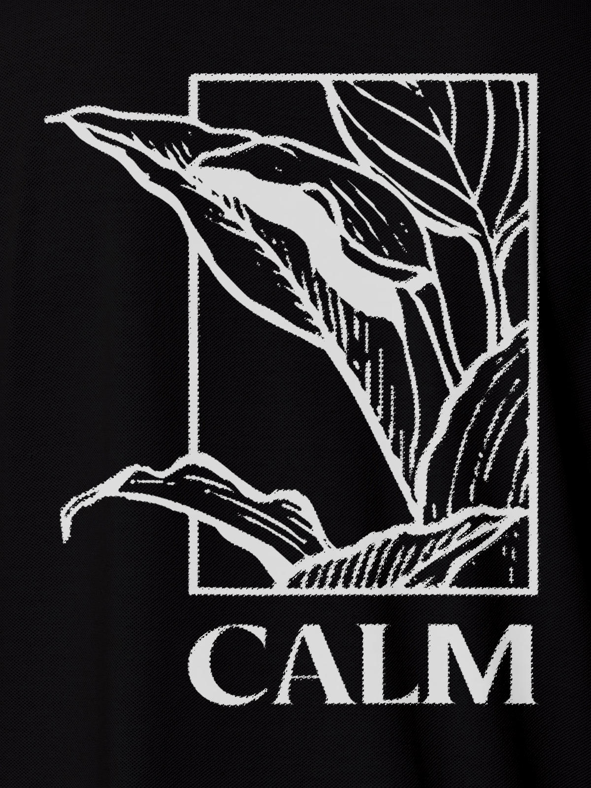 Close up of 'Calm' design on Women's Black Polo T-shirt, highlighting intricate details and vibrant print.