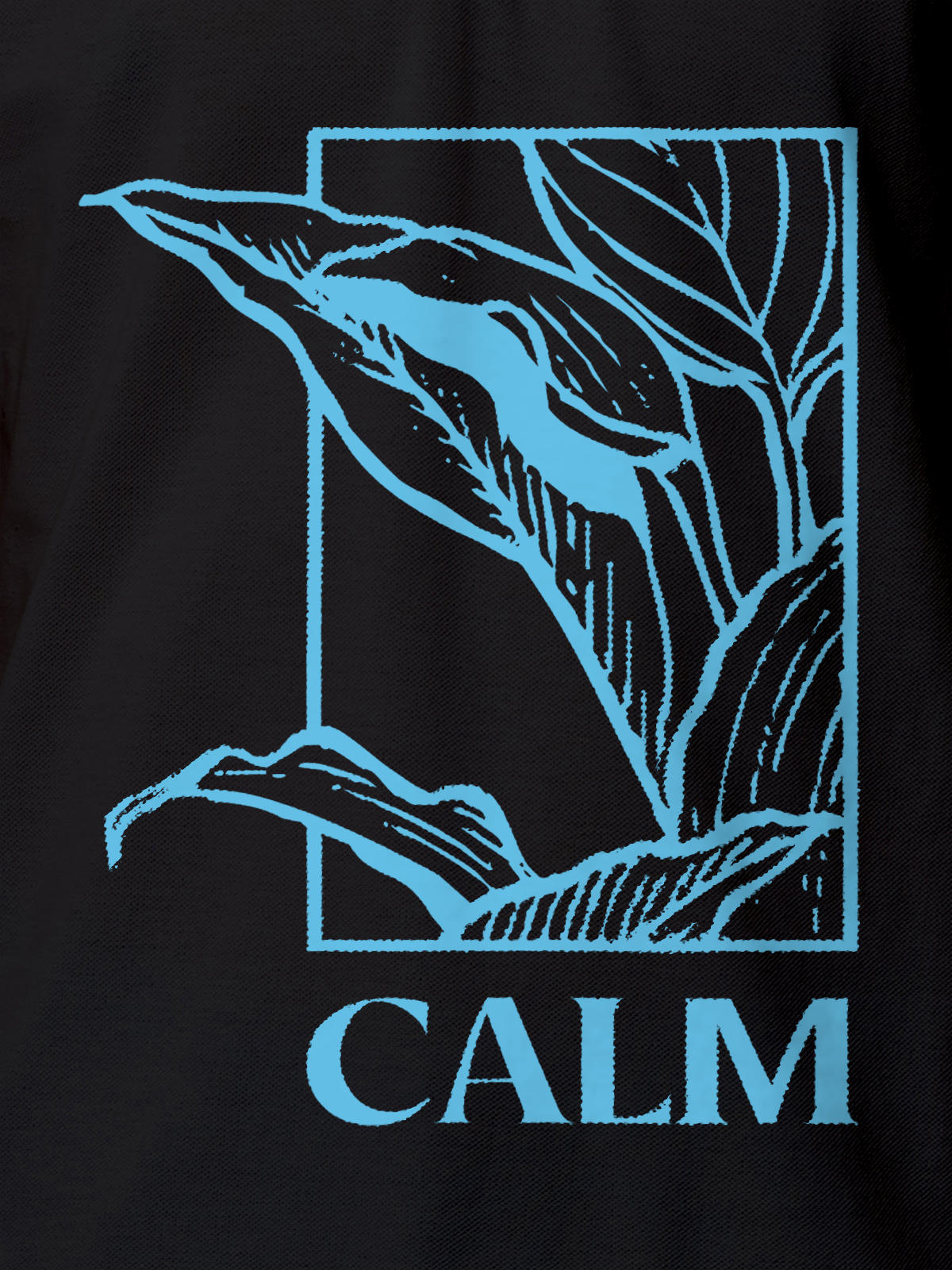 Close up of 'Calm' design on Men's Dark Grey Polo T-shirt, highlighting intricate details and vibrant print.