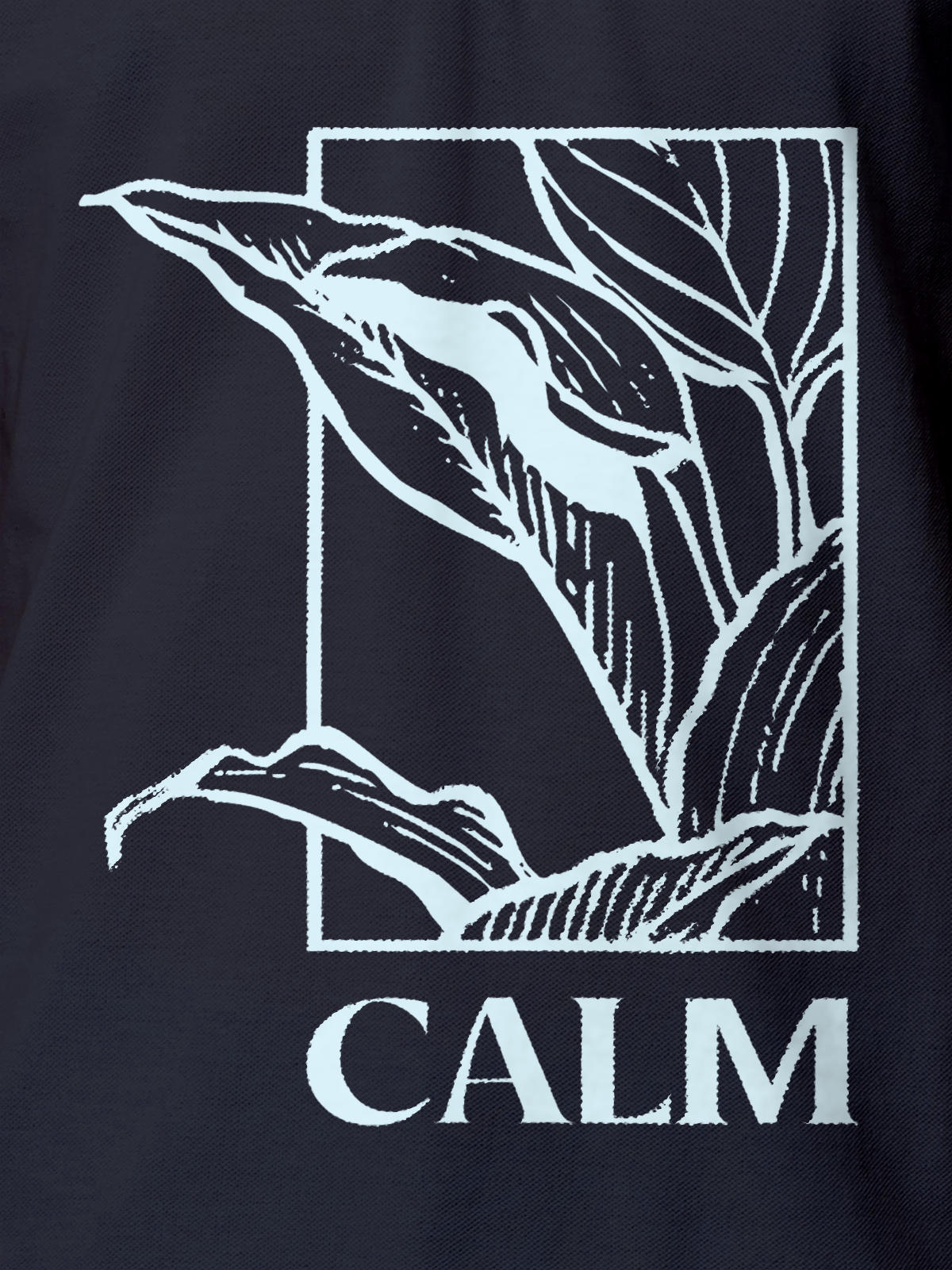 Close up of 'Calm' design on Men's Navy Blue Polo T-shirt, highlighting intricate details and vibrant print.