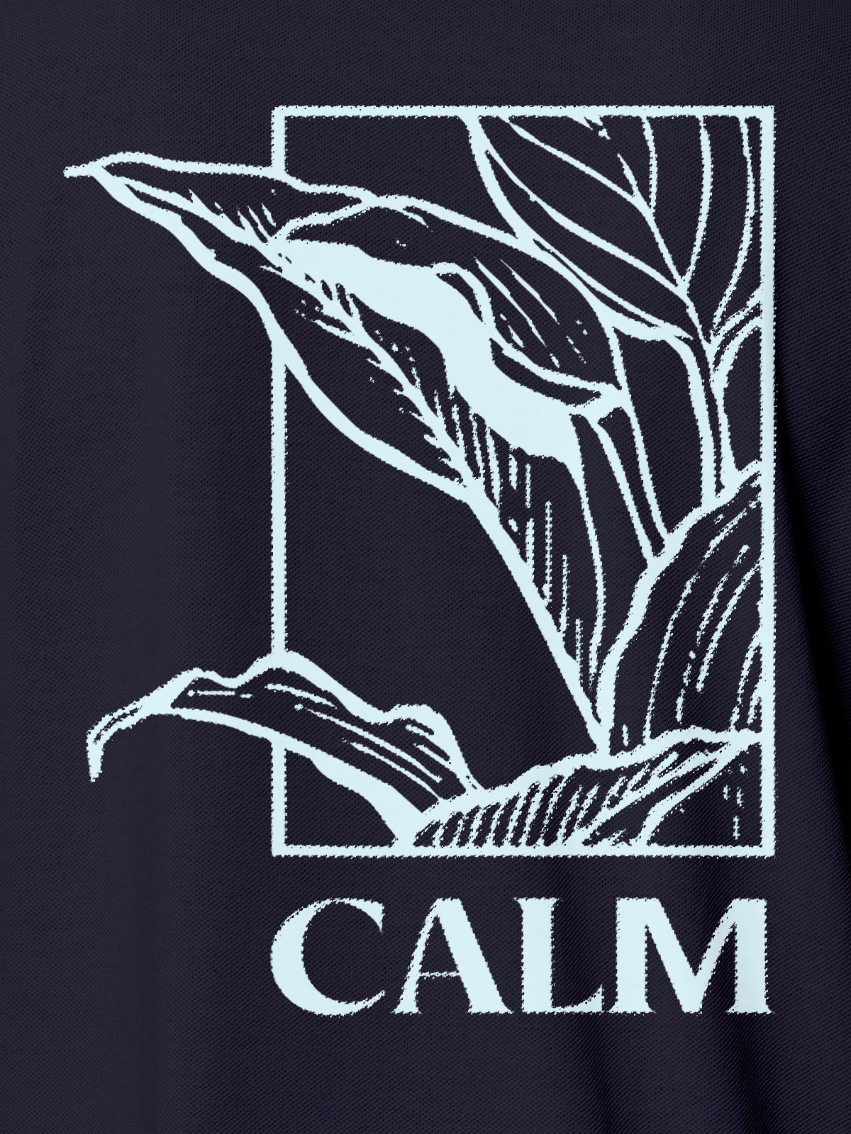 Close up of 'Calm' design on Women's Navy Blue Polo T-shirt, highlighting intricate details and vibrant print.