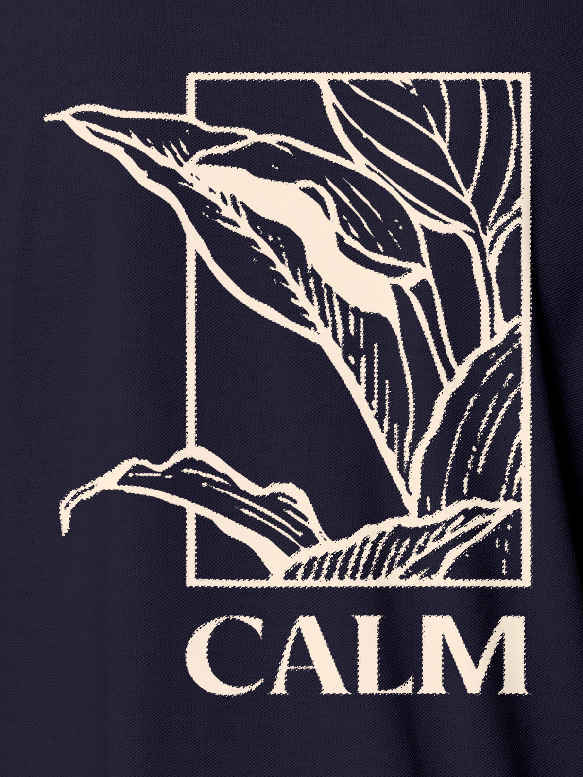 Close up of 'Calm' design on Women's Navy Blue Polo T-shirt, highlighting intricate details and vibrant print.