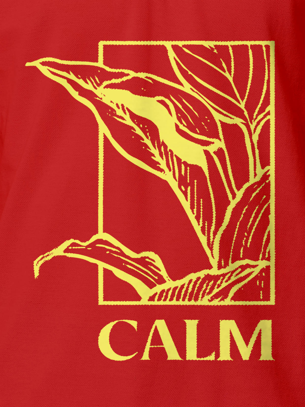 Close up of 'Calm' design on Men's Red Polo T-shirt, highlighting intricate details and vibrant print.
