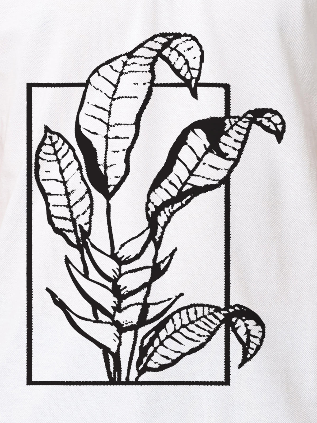 Close up of another 'Calm' design on Men's White Collar T-shirt, highlighting the vibrant print.