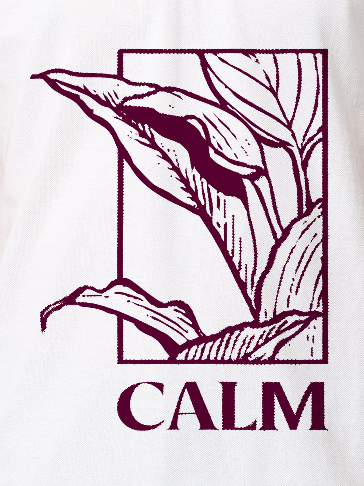 Close up of 'Calm' design on Men's White Polo T-shirt, highlighting intricate details and vibrant print.