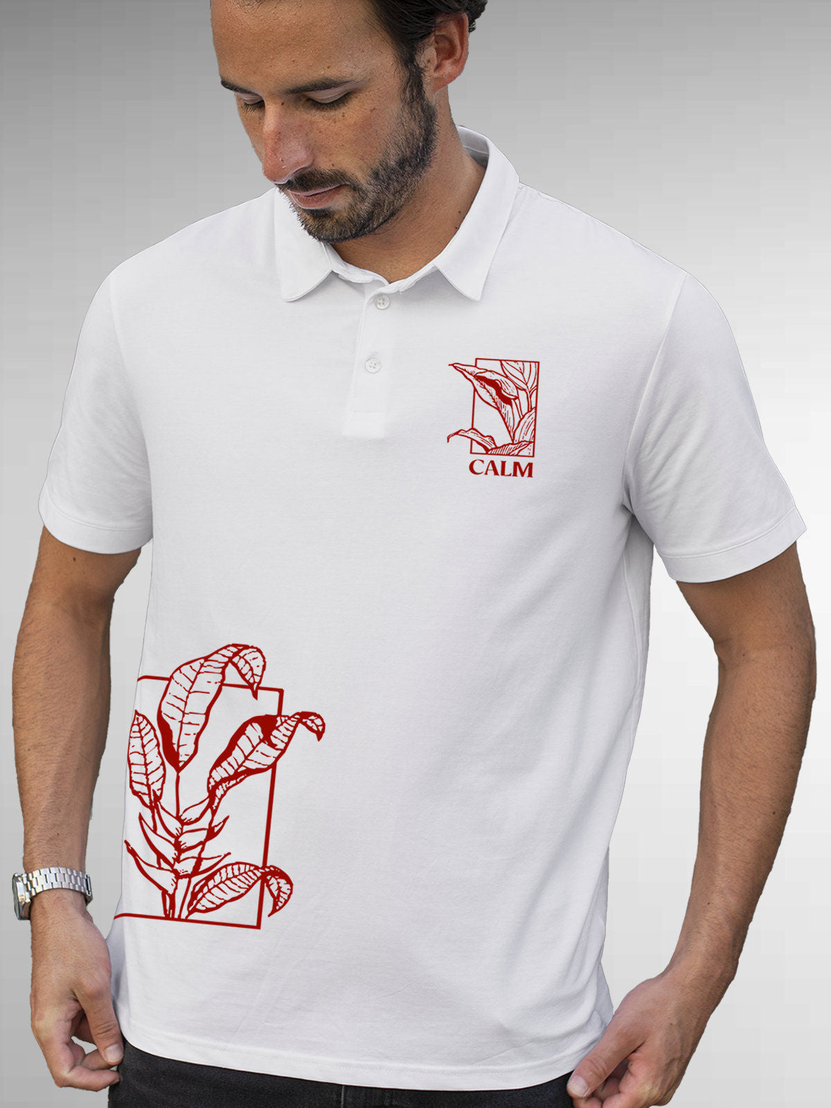 Model wearing Men's White Polo T-shirt with 'Calm' design, offering effortless style and premium comfort