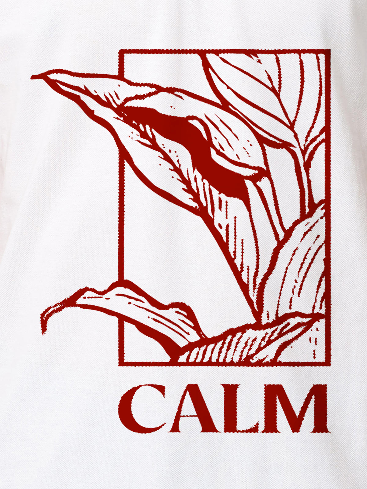 Close up of 'Calm' design on Men's White Polo T-shirt, highlighting intricate details and vibrant print.