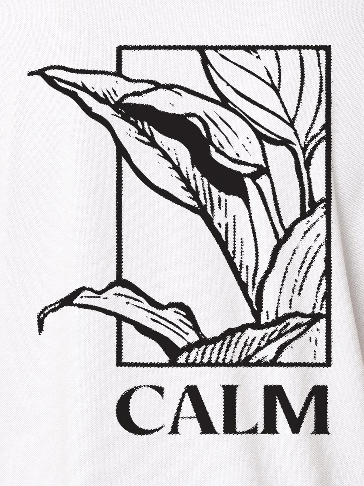 Close up of 'Calm' design on Women's White Polo T-shirt, highlighting intricate details and vibrant print.