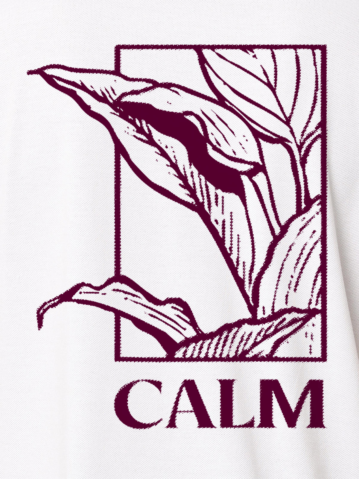 Close up of 'Calm' design on Women's White Polo T-shirt, highlighting intricate details and vibrant print.