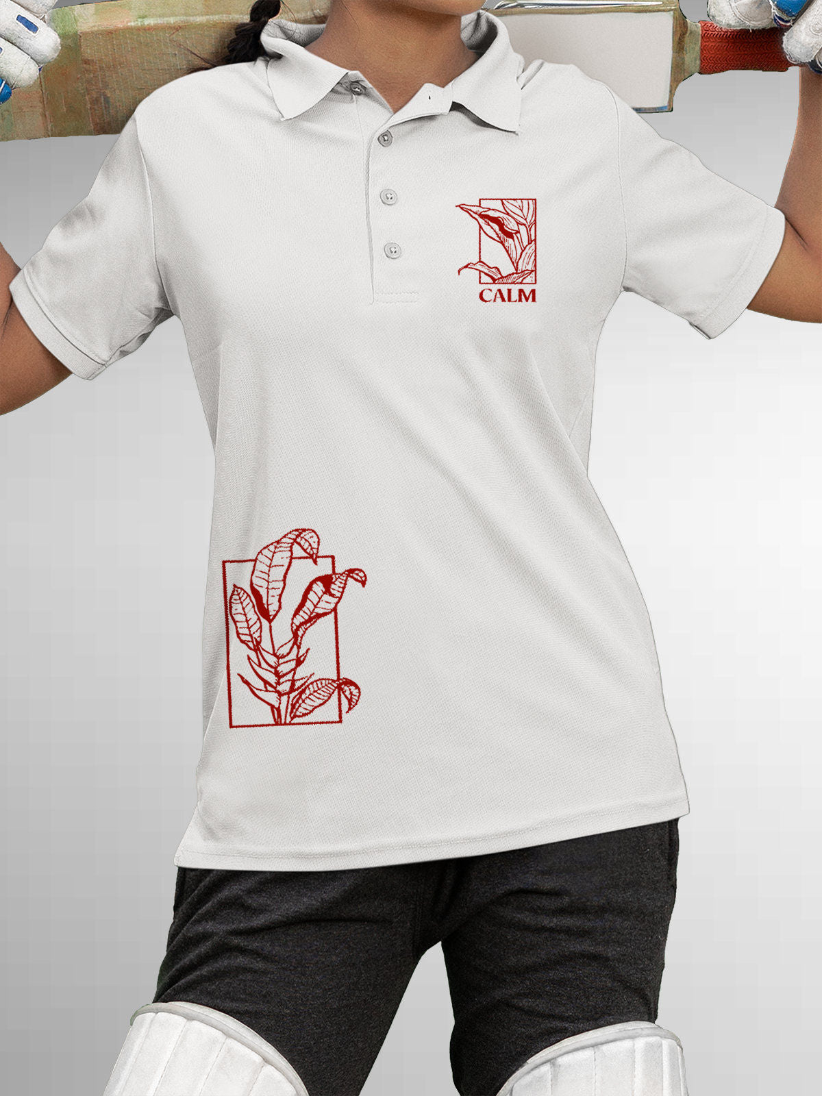 Model wearing Women's White Polo T-shirt with 'Calm' design, offering effortless style and premium comfort