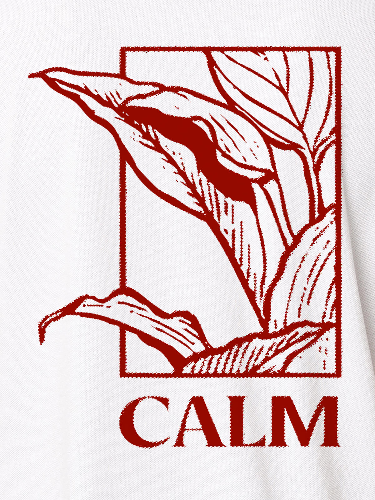 Close up of 'Calm' design on Women's White Polo T-shirt, highlighting intricate details and vibrant print.