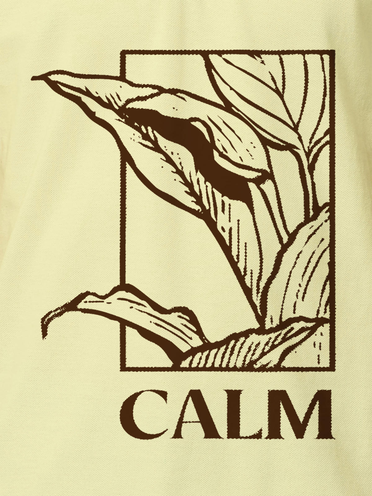 Close up of 'Calm' design on Men's Yellow Polo T-shirt, highlighting intricate details and vibrant print.