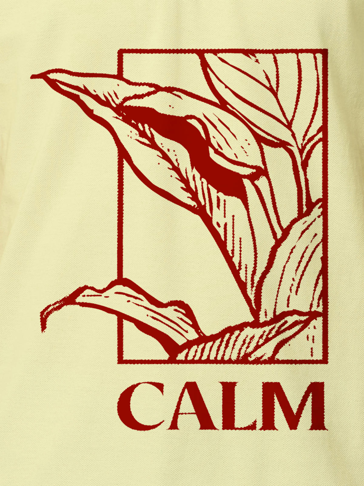 Close up of 'Calm' design on Men's Yellow Polo T-shirt, highlighting intricate details and vibrant print.